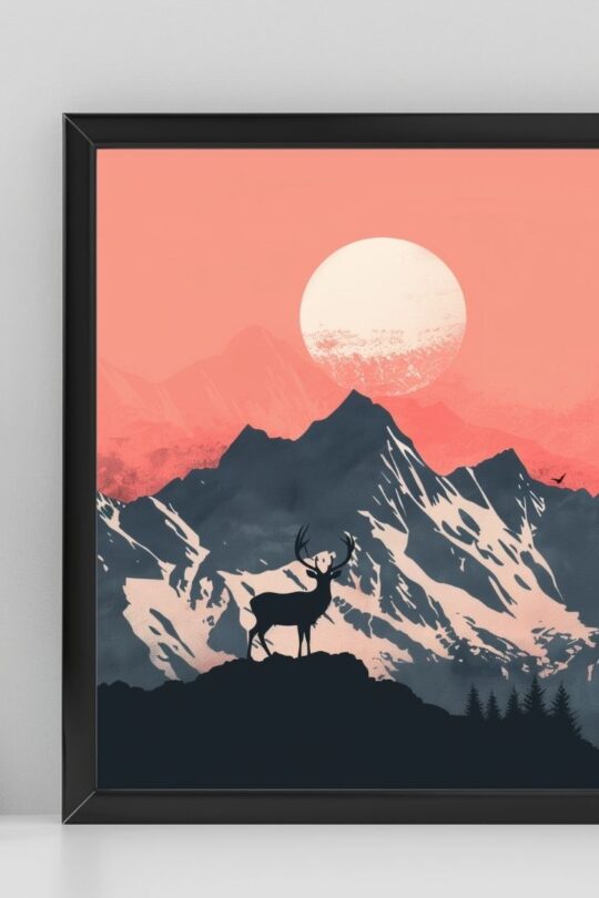 Wandbild Wildlife Sonnenuntergang Berge mit Hirsch im Vordergrund