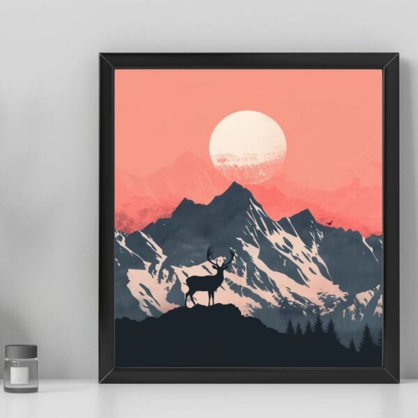 Wandbild Wildlife Sonnenuntergang Berge mit Hirsch im Vordergrund