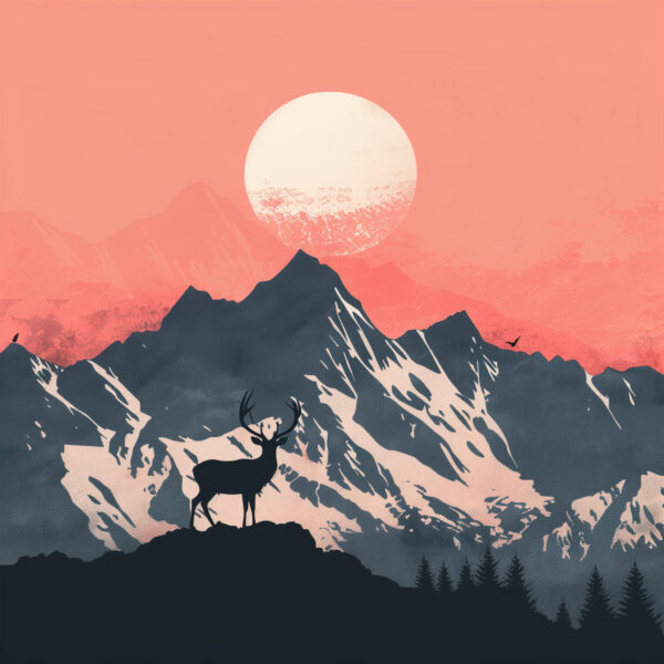 Wandbild Wildlife Sonnenuntergang Berge mit Hirsch im Vordergrund